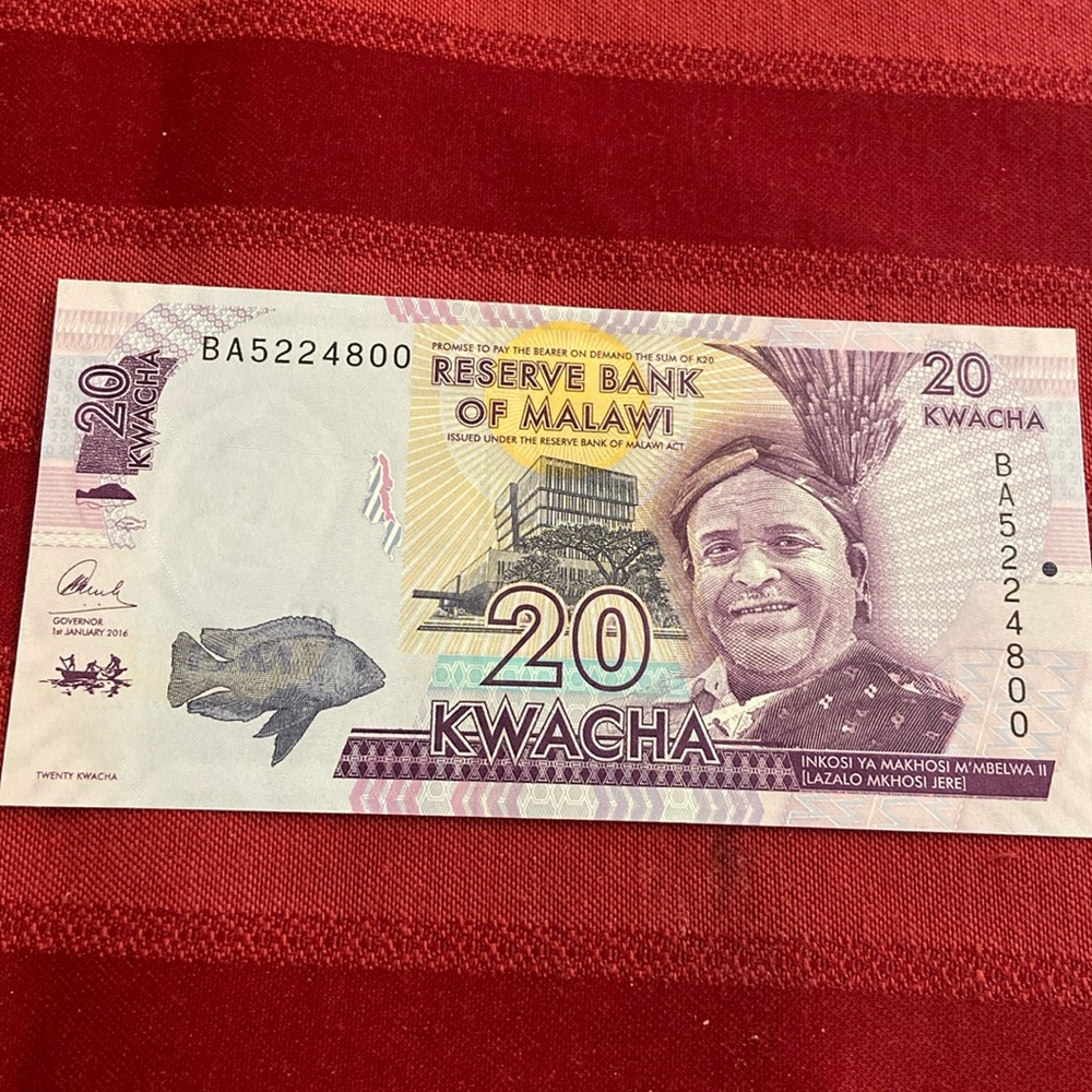 5/$10❤️❤️❤️1/1/2016 20 KWATCHA RESERVE BANK of MALAWI #BA5224800 Paper Money